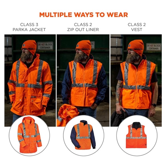 Ergodyne GloWear High Vis warm 4-in-1 Reflective Safety Jacket Orange size Large - Picture 6 of 16